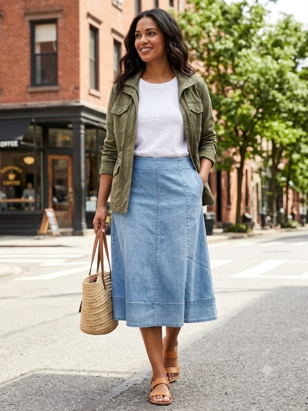 WHBM Women’s Blue Denim Midi Circle Skirt Zip Closure Stretch Size 8 570385334